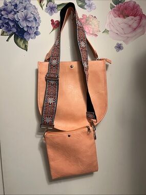 Ahdorned Peach Faux-Leather Curved Shoulder Bag with Strap and small crossbody